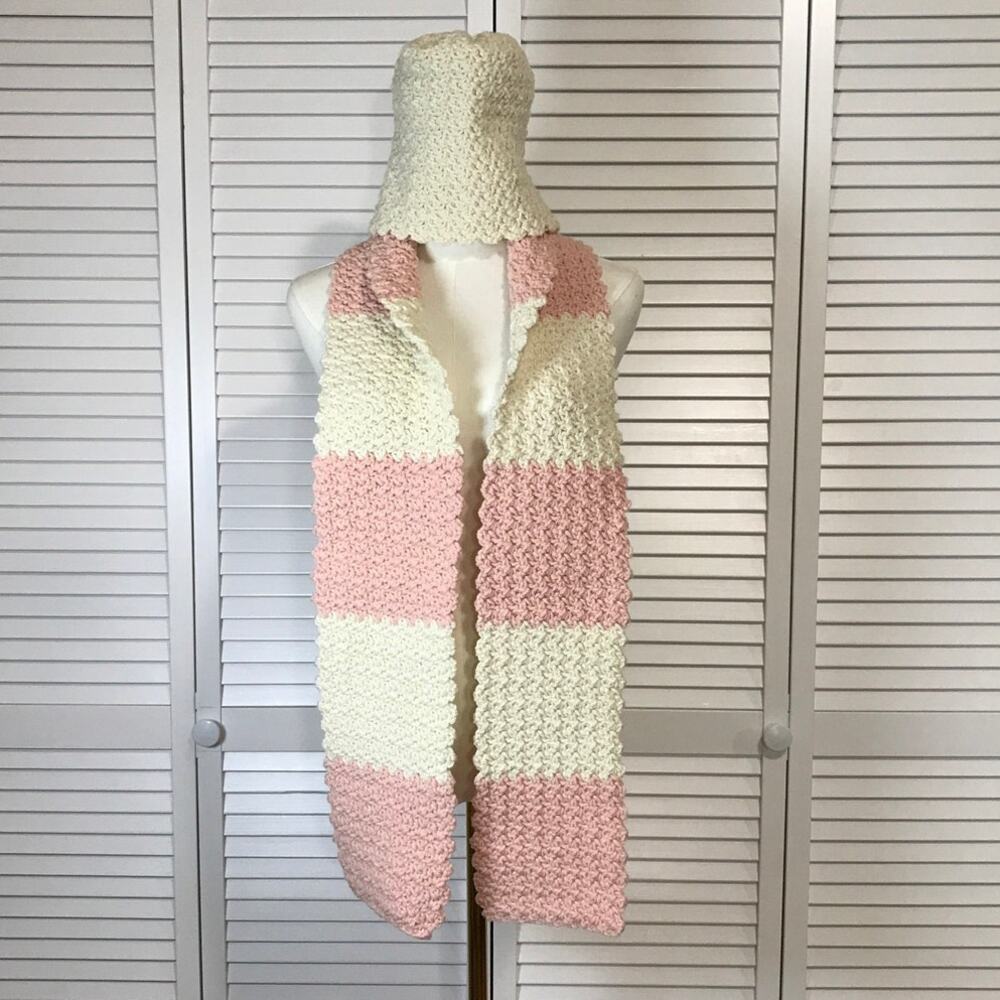 NWT Handmade Crochet Textured Winter Pink/Off White Scarf 66” & Off White Beanie